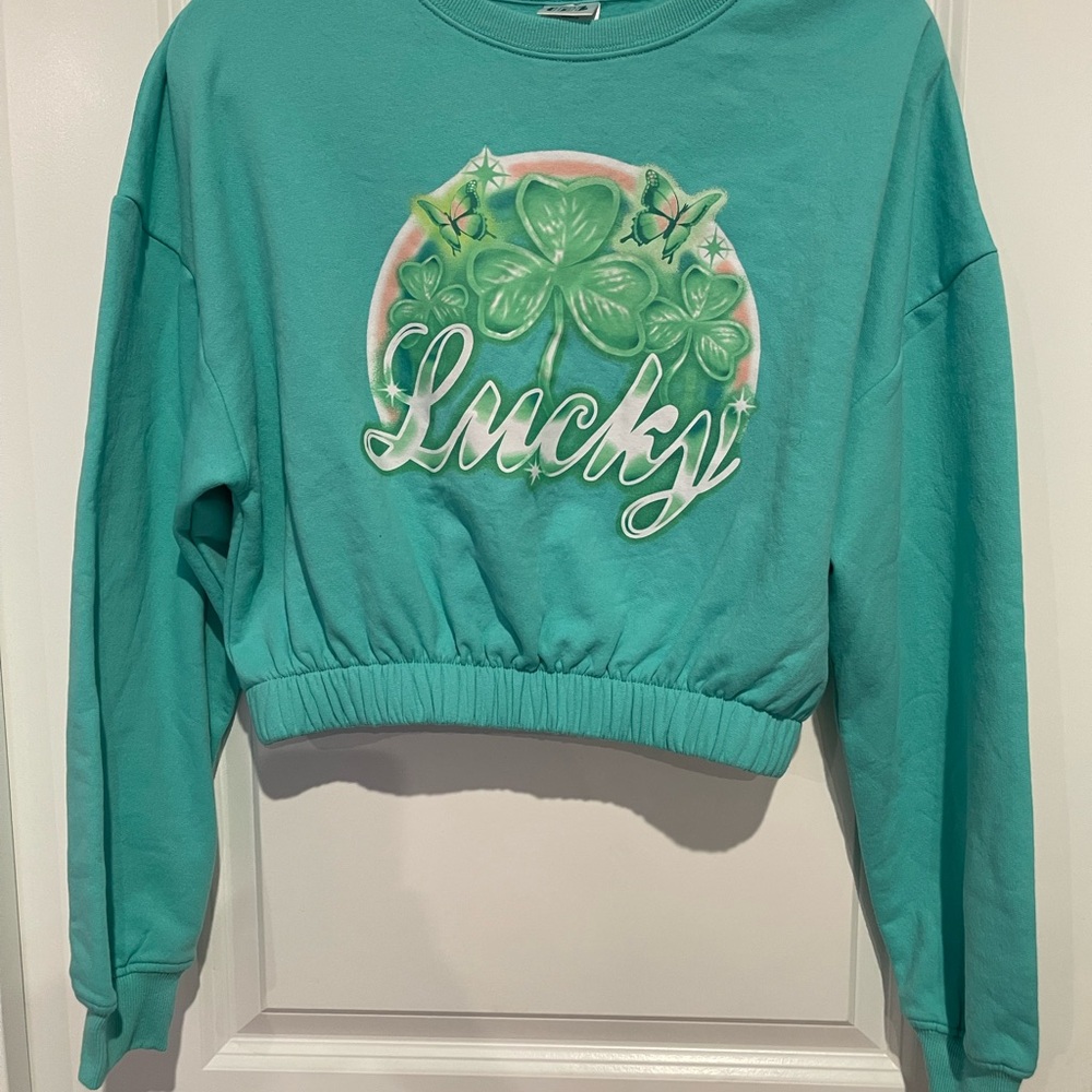 Lucky Shamrock Cropped Sweatshirt - Teal